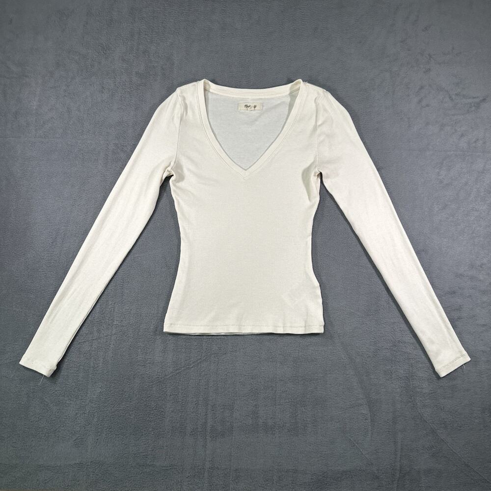 Madewell Ribbed V Neck Top Cream Women XS Cotton Modal Stretch Casual Basic